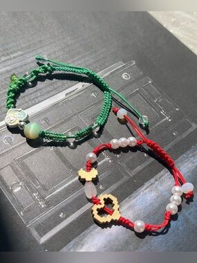 Set of 2 lucky Red and Green Beaded Charm Bracelets